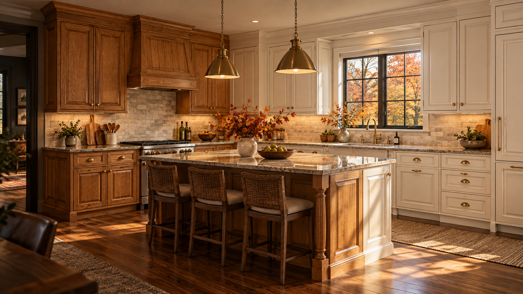 Warm fall kitchen showing cabinet refinishing from natural wood to soft white painted cabinets